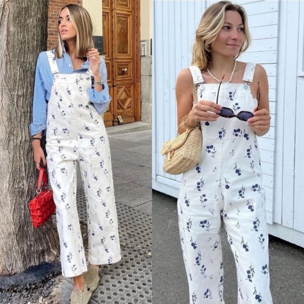 Zara Women's White Overalls with Blue Floral Design